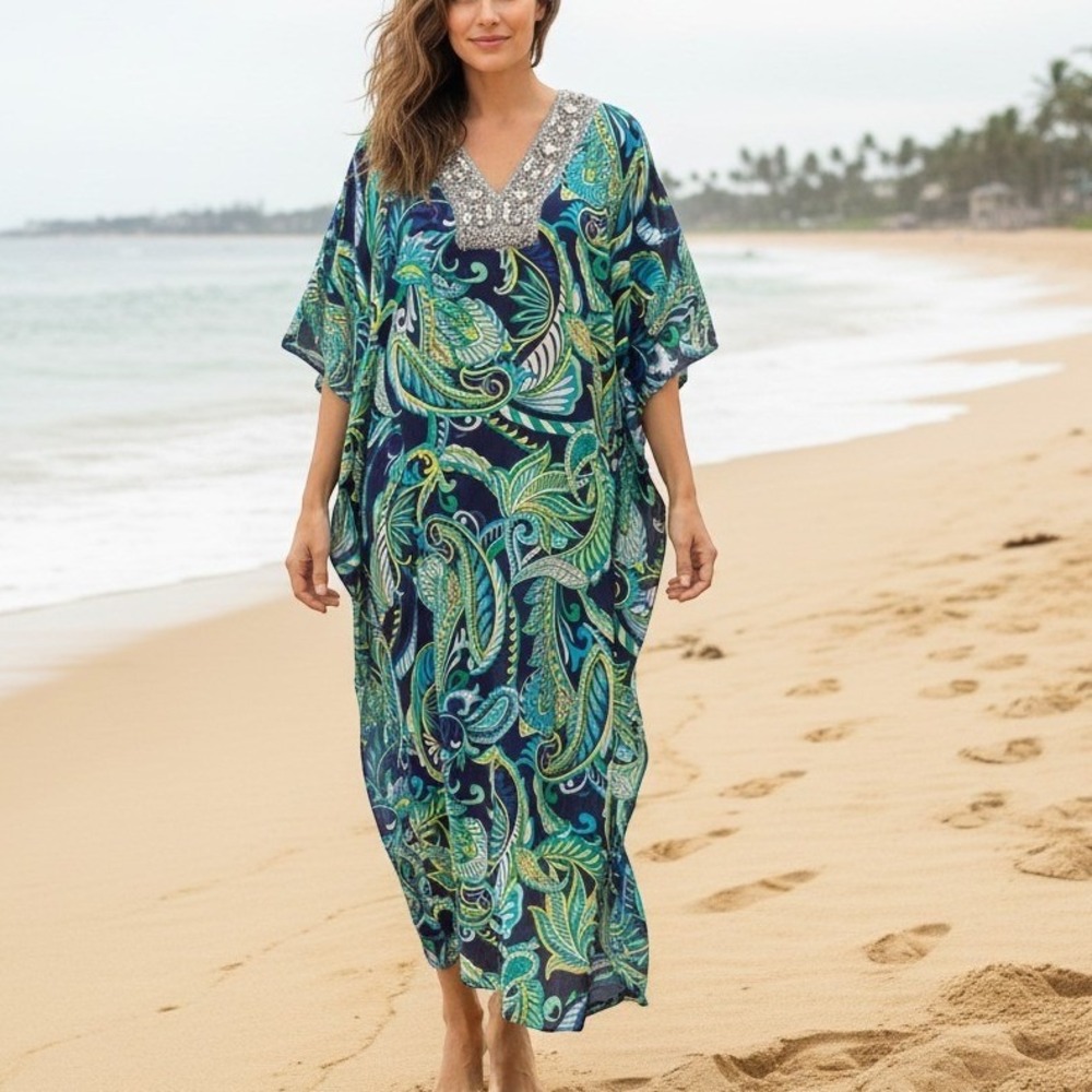 NEW Soft Surroundings Floral Paisley Bead Kaftan Maxi Dress Resort Petite L/XL